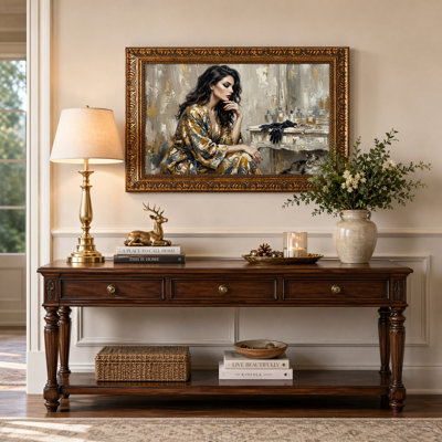Art mural en toile noyer doré encadré pour le salon, la chambre à coucher, le bureau ou le vestibule - Décoration murale décorative avec femme élégante