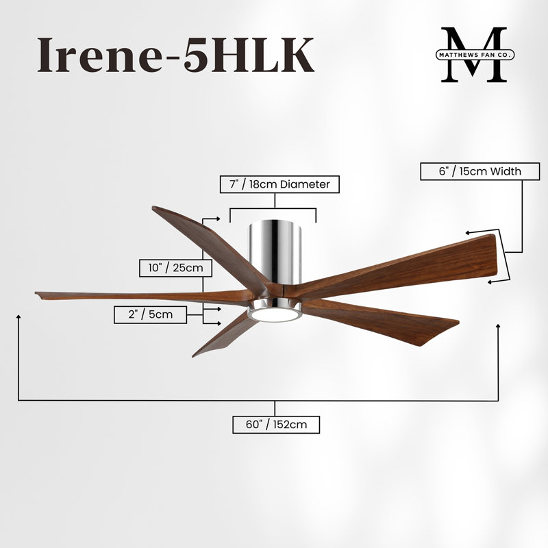 Irene Flushmount Light Kit 5 Blade LED Ceiling Fan, Polished Chrome, Walnut Tone, 60"