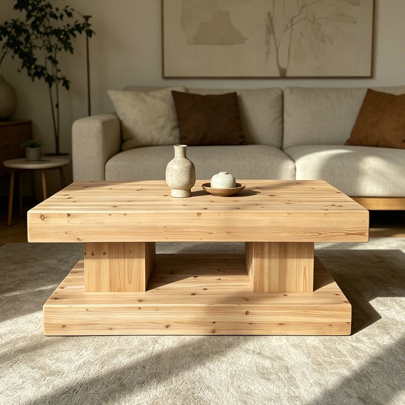 La table basse en bois massif naturel rehausse votre salon avec ce meuble en bois naturel de qualité supérieure avec grain et nœuds visibles pour une sensation chaleureuse et organique.