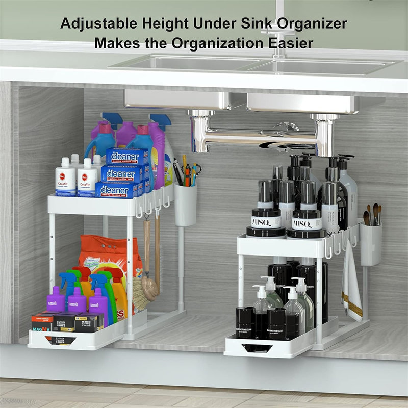 White Adjustable Height 2-Tier Under Sink Organizer with Slide-Out Drawers