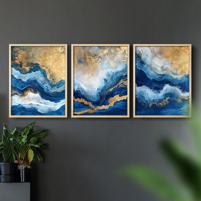 Abstract  Series  CXL  -Set Of 3 Framed Giclee Prints -Ready to Hang, 10" H x 8" W, Natural Framed
