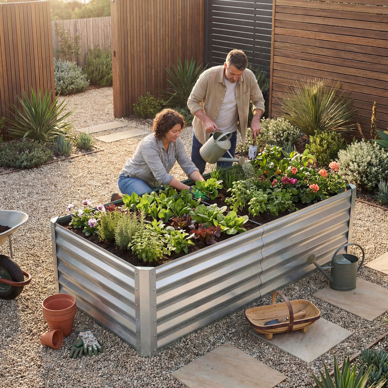 Galvanized Raised Garden Bed With Gloves, Silver, 36" H x 72" W x 36" D