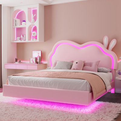 Structure de lit flottante pour enfant avec tête de lit DEL ajustable et revêtement en cuir Zoomie