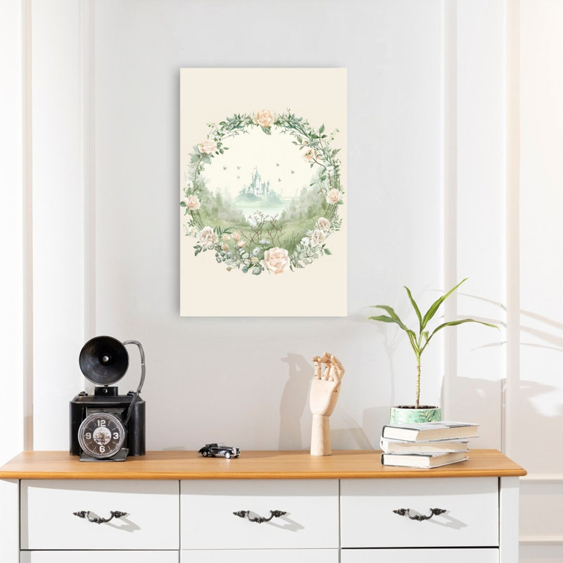 Fairytale Castle Wreath Dreamy Peaceful Romantic Butterfly Rose Forest Landscape Wall Art Print 1 Piece Wrapped Canvas Wall Art