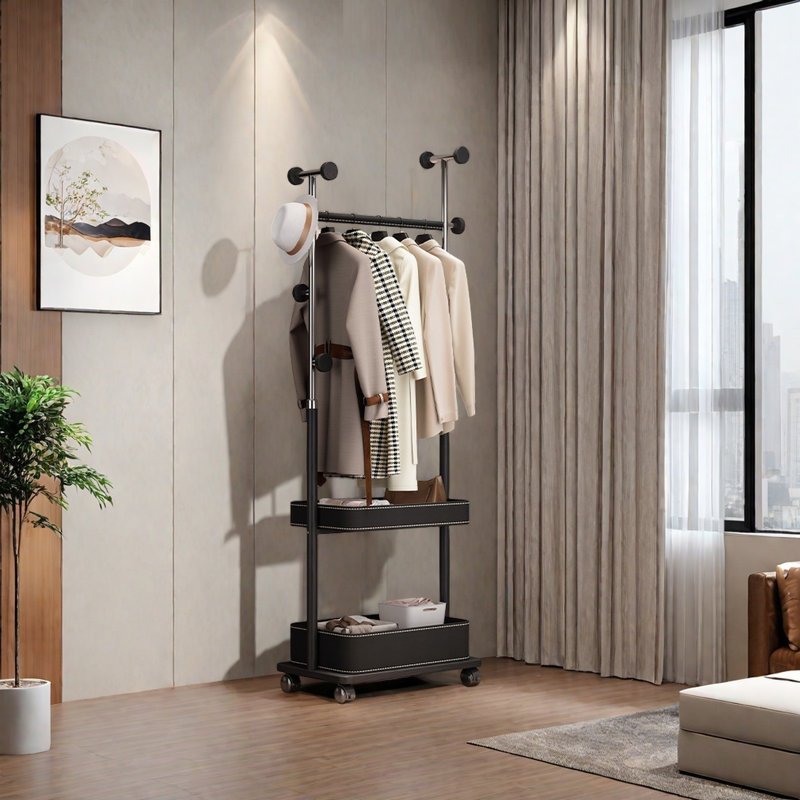 Ash Wood Coat Rack with Storage & Wheels, Black