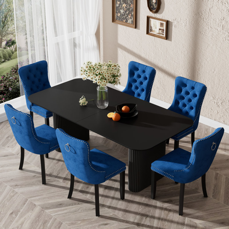 70.9 " Rectangular Double Pedestal Dining Table Set, Blue, 7