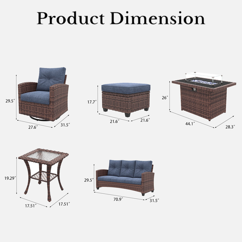 Lark Manor™ 10 Pieces Patio Furniture Set with Swivel Chairs, Rattan Wicker Rocking Glide Chairs with 44" Propane Gas Fire Pit Table Conversation Set