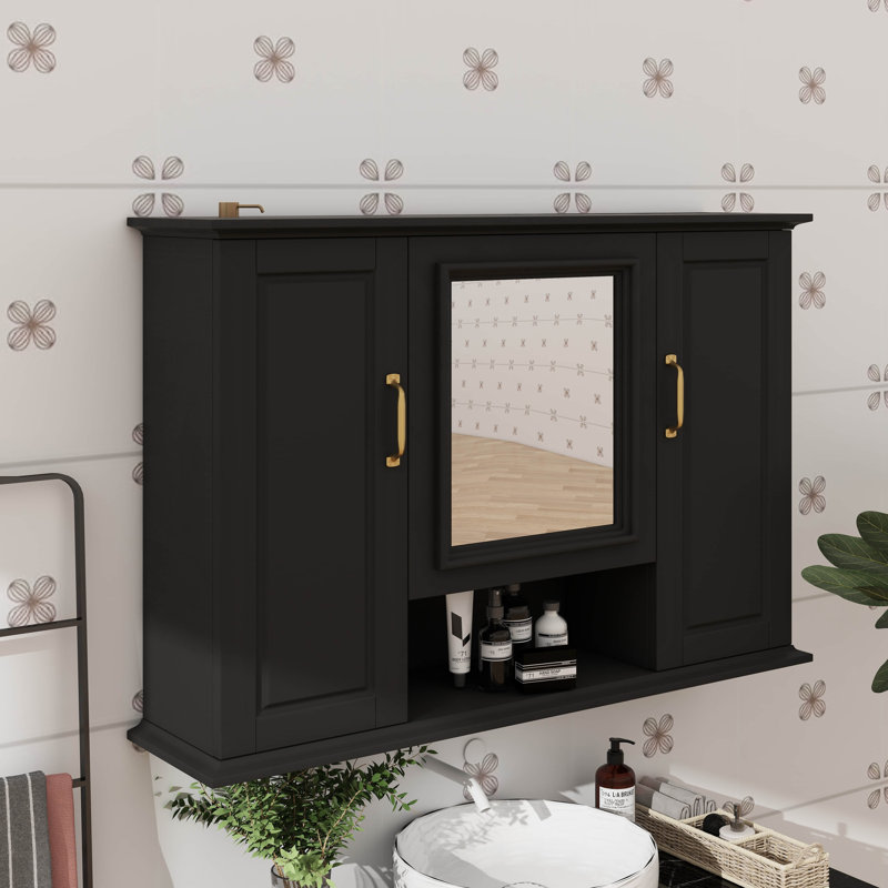 Armoire de rangement murale 36 po, armoire murale avec miroir, armoire à pharmacie à trois portes, Noir
