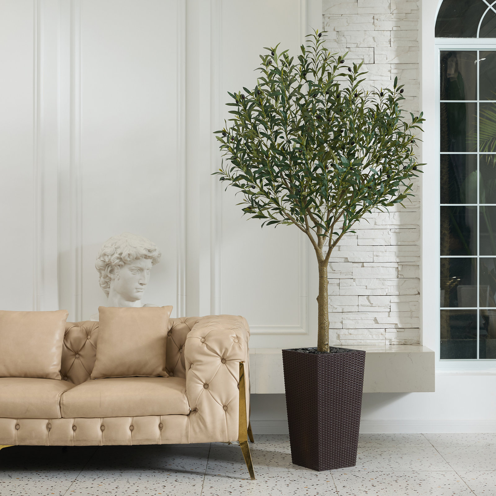 Altera UV Resistant Artificial Olive Tree for Indoor & Outdoor Decor, Large Plastic Base with Pebbles, 84" H x 28" W x 28" D