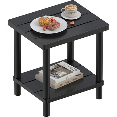 Black Outdoor Side Table With 2-tier Storage Shelf, Weather-resistant Bamboo End Table For Patio, Porch, Poolside, Balcony & Indoor Use