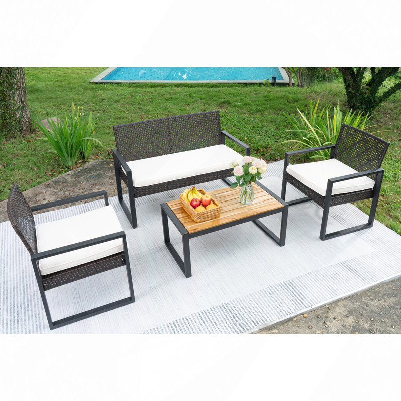 4-Piece Patio Furniture Set Outdoor Balcony Porch Garden Backyard Lawn Furniture Acacia Wood Table Top