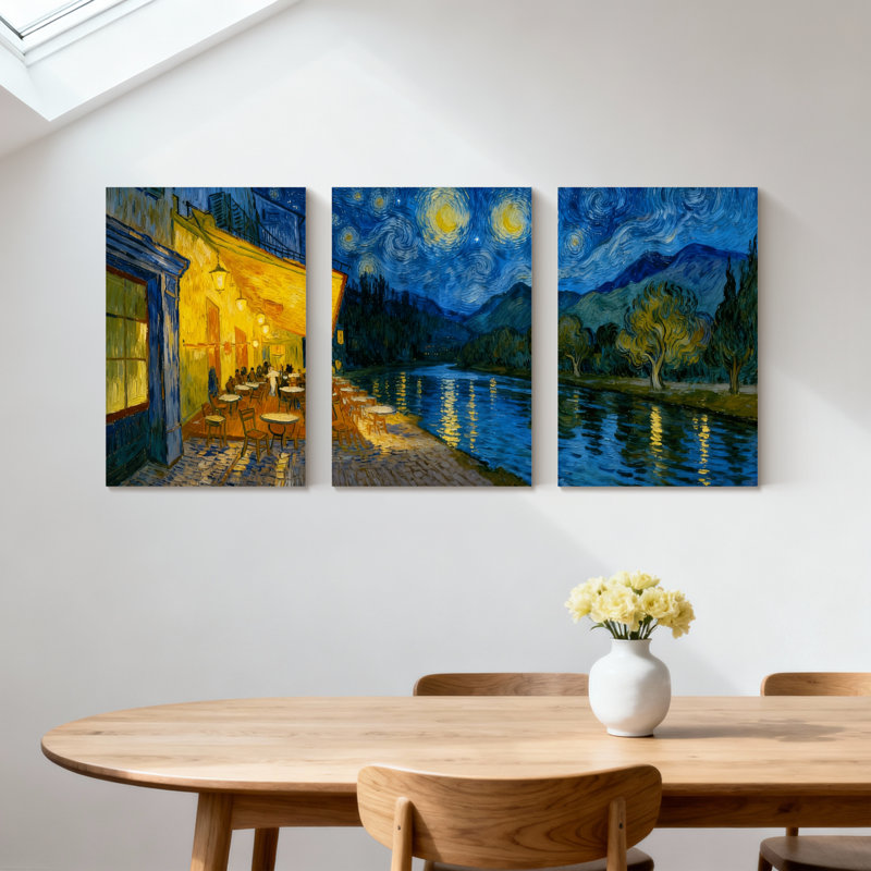Abstrait Van Gogh, nuit, café, ciel étoilé, rivière, paysage, ensemble de 3 impressions sur toile, H 24 po x l 48 po