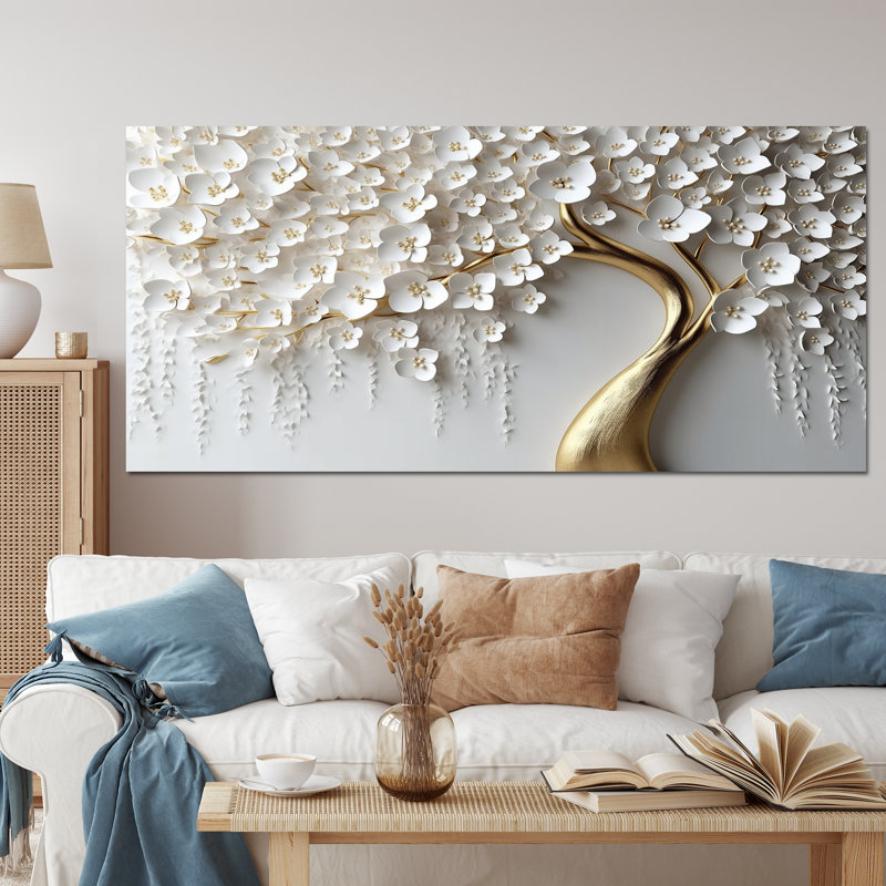 Orchidée blanche et dorée, jardin de branches IV - impression d'art mural floral (sans texture), Toile tendue, No Frame