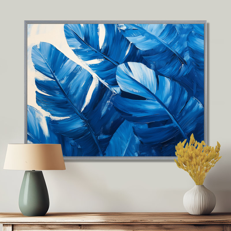 Palmiers en velours bleu harmonie II - palmier, art mural, H 30 po x l 40 po, Reproduction avec cadre flottant, Argent argent