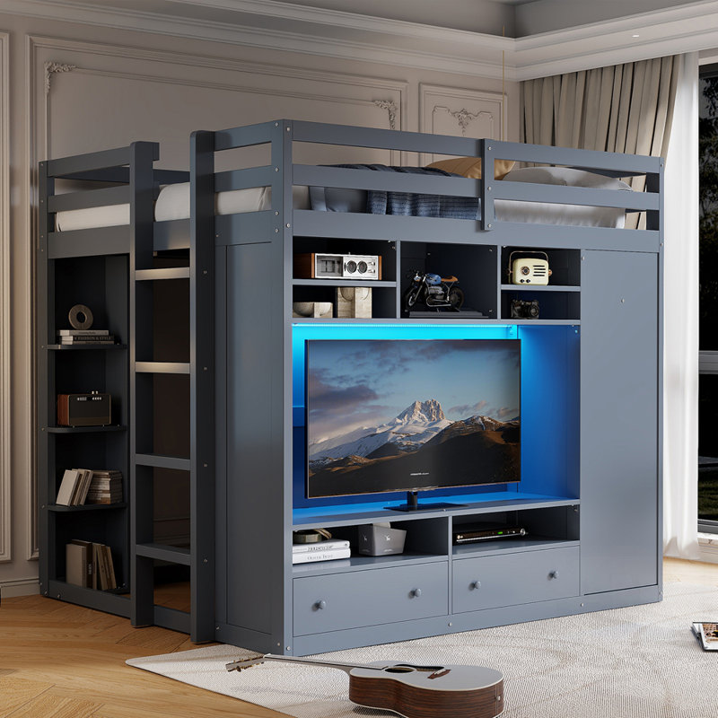 Lit mezzanine double avec tiroirs, tablettes et éclairage à DEL pour une utilisation optimale de l'espace et du rangement