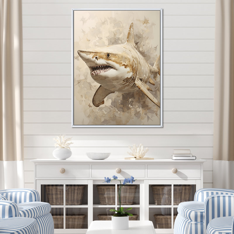 Peinture de requin minimalisme en beige doré III sur toile, Cadre flottant blanc, H 32 po x l 24 po x P 1 po
