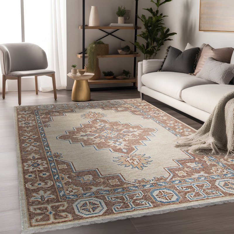 Tapis oriental en laine noué à la main beige exquis Kiran, Rectangle 6 pi x 9 pi