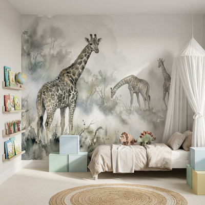 Papier peint aquarelle girafes brumeuses