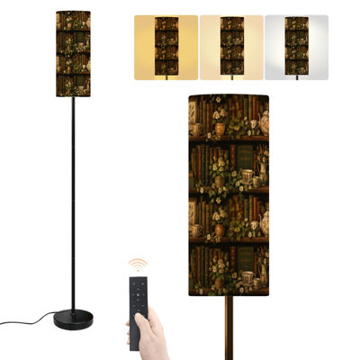Lampadaire botanique vintage avec tablette, tasses chaudes, théières, livres et roses en bois. Lampe sur pied moderne à intensité variable avec télécommande et interrupteur au pied. Abat-jour. Lampe de coin supérieure pour salon, chambre ou bureau.