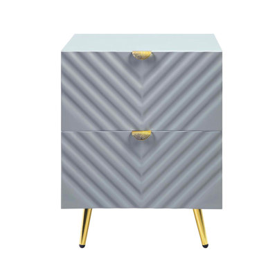 Table de chevet 2 tiroirs en gris ultrabrillant pour une chambre douillette avec 2 pieds en métal