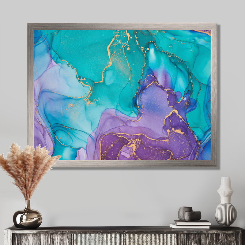 Turquoise et mauve liquide Art I - impression d'art moderne sur toile, H 16 po x l 32 po, Cadre photo argenté