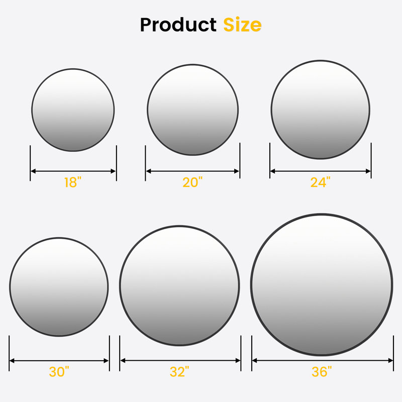 Round Wall Mirror, 18–36 Inch Large Circle Mirror with Black/Gold Metal Frame, 18" x 18", Black