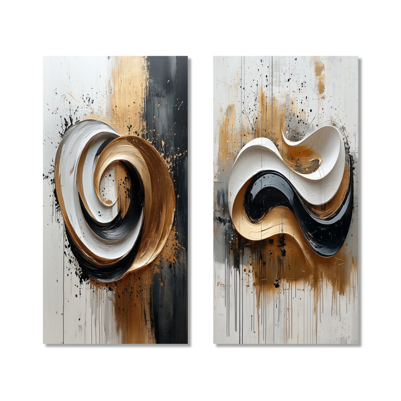 Encre noire et blanche Organic Fusion I - formes abstraites, ensemble de 2 pièces d'art mural, H 32 po x l 32 po