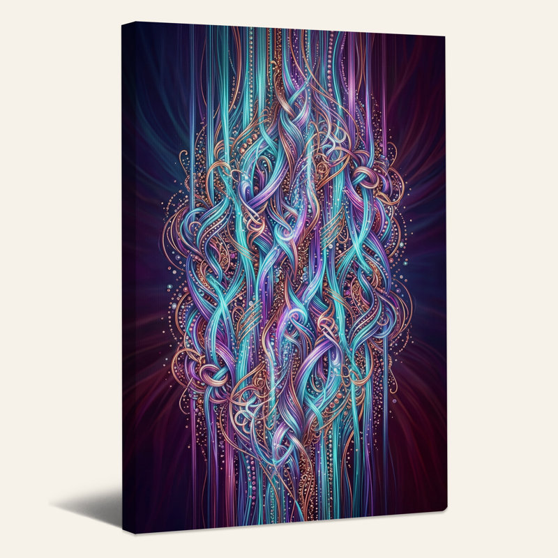 Tableau abstrait à rubans bleu sarcelle et violets lumineux, 18"H x 12"W