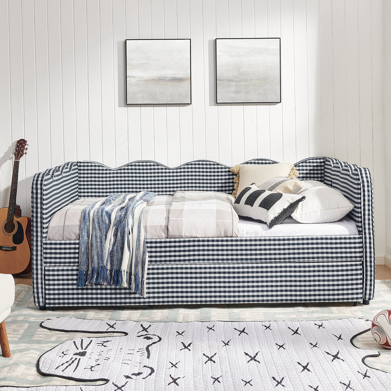 Lit de jour double en vichy double avec couchette simple sans sommier, avec port USB et adorable tissu en forme de vague
