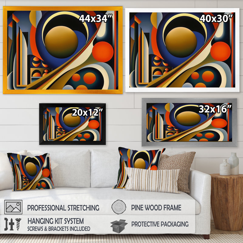 Circular Retro Dynamics III - Art mural moderne sur toile géométrique, L 20 po x H 12 po, Cadre d'angle fermé doré