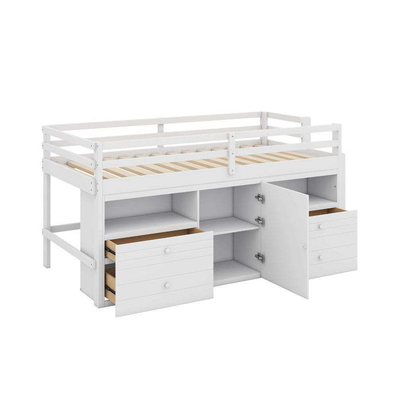 Lit mezzanine simple avec 4 tiroirs, armoire et tablettes, Blanc