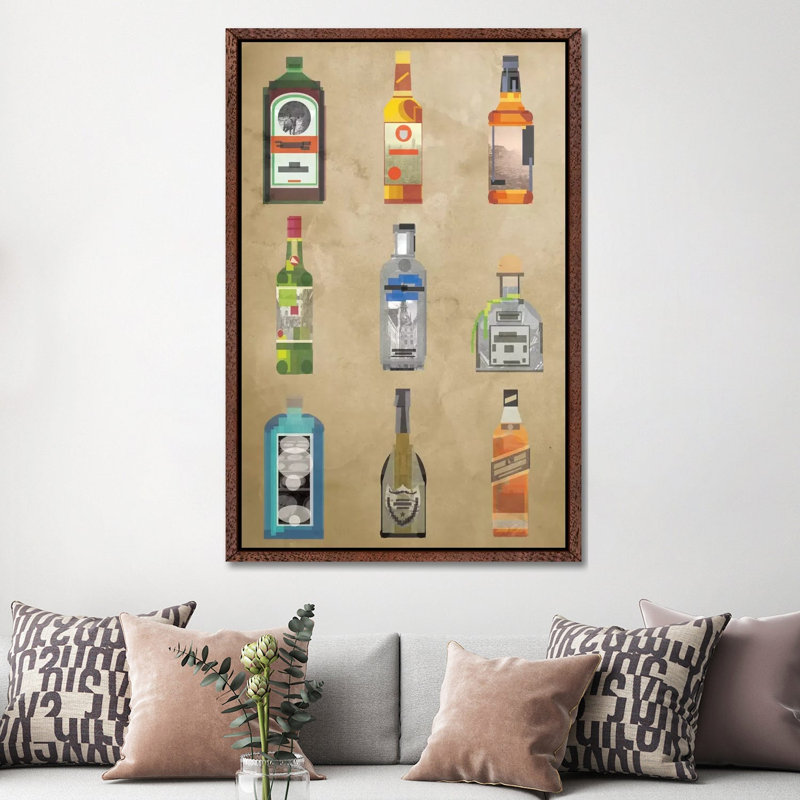 Liquor Bottles - Print on Canvas, 152.5 cm H x 101.5 cm W, Classic Brown Wood Framed