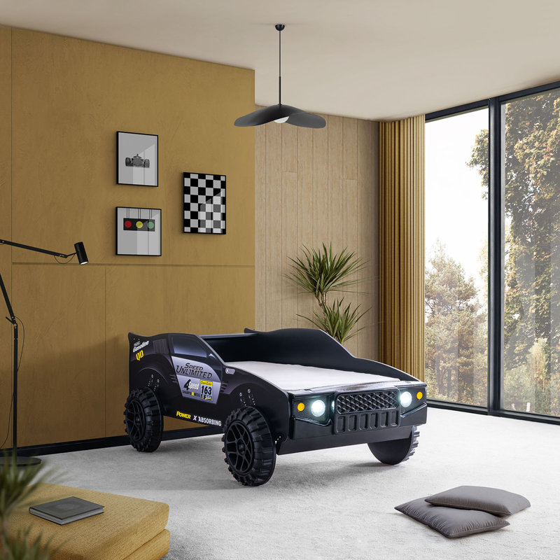 Lit simple moderne de style moderne de style Jeep rapide avec finition ultrabrillante veilleuses à DEL sur les phares, structure métallique, finition noire