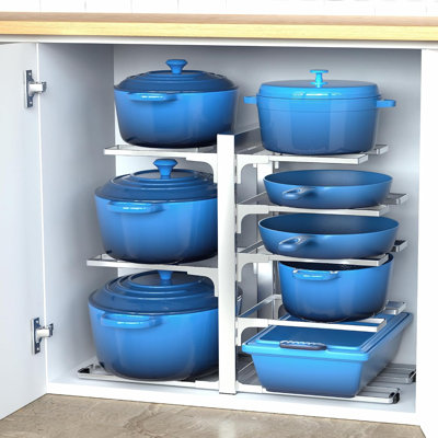 Pots and Pans Organizer Under Cabinet  8 Tier Adjustable，2 DIY Modes, Tool-Free Assembly, Max 120 Lbs, Fits Cast Iron Pans, Dutch Ovens ， Heavy Cookware, For Kitchen Cabinets