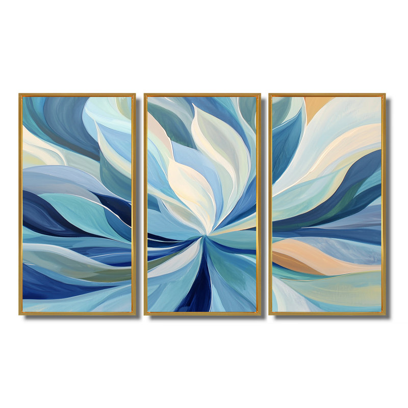 «Blue Faded Leaves» - ensemble d'impression d'art mural feuilles, H 32 po x l 48 po, Reproduction avec cadre flottant, Doré