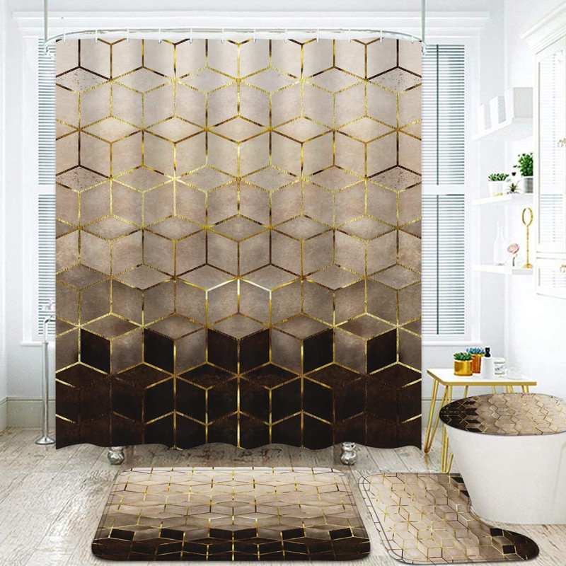 Ensemble de rideau de douche brun à motif dégradé 4 pièces