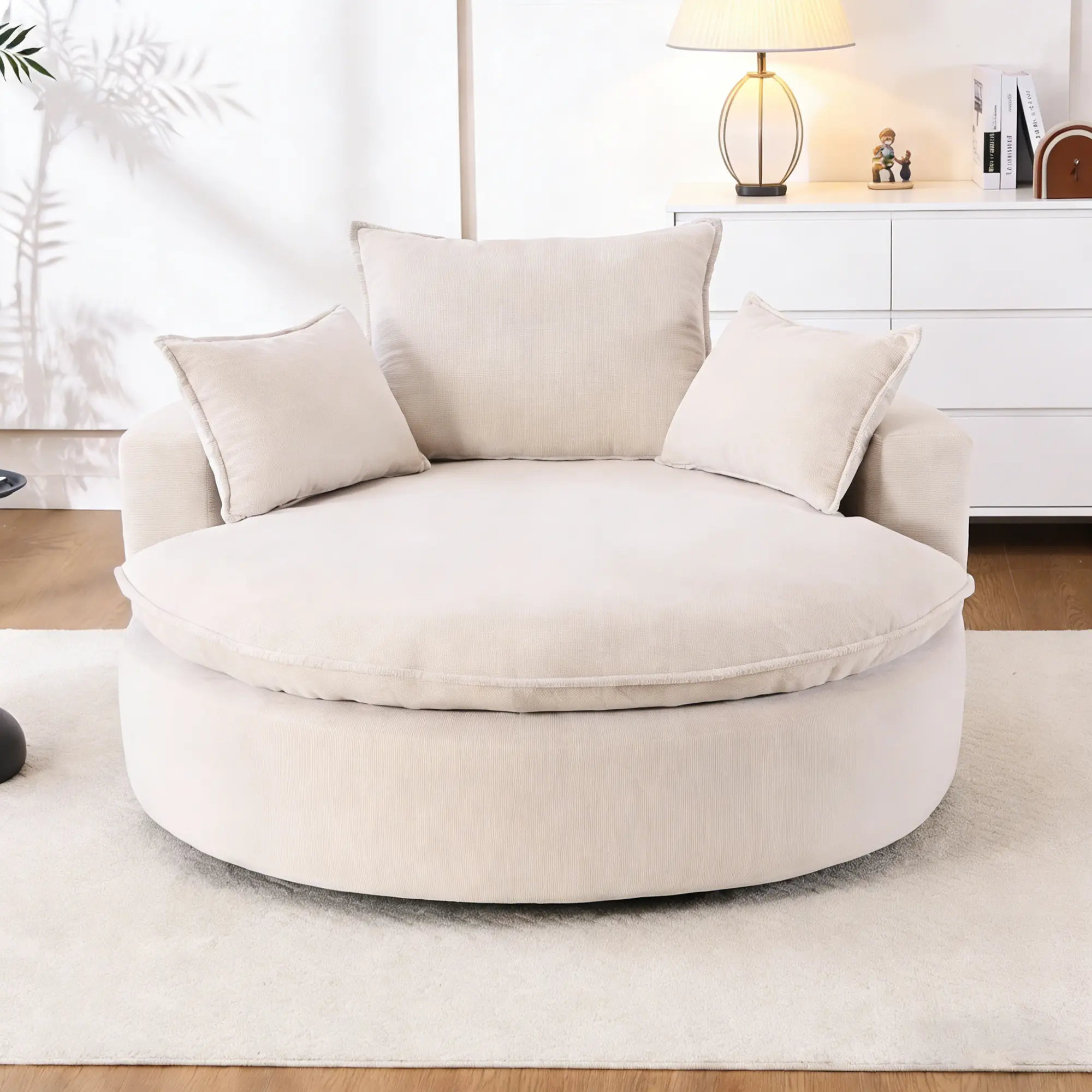 57" Corduroy Swivel Chair – Compression-Filled Deep Seat, 360° Rotate - Beige