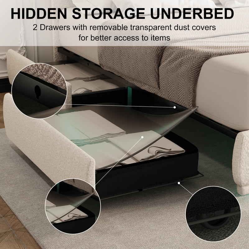 Queen Cream Boucle Platform Bed Frame with LED and Storage Drawers