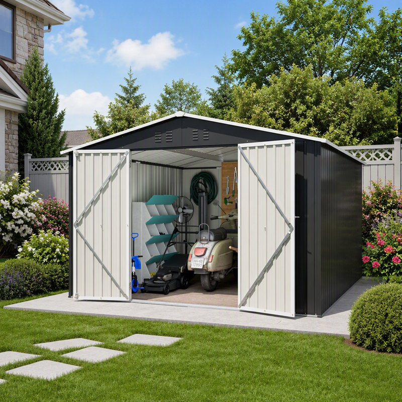 Remise de rangement extérieure durable 10 x 10 pi avec portes verrouillables et cadre amélioré, parfait pour l'organisation de la cour et du patio
