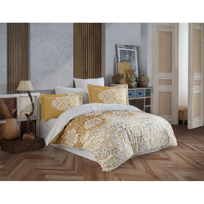 Floral Duvet Cover Set with Pillowcases, Gold/Brown, 200 x 220 cm - 2 Pillowcases 50 x 70 cm