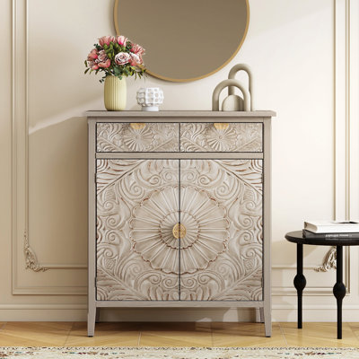 Hand-Carved Accent Cabinet, Wooden Storage Cabinet with Drawer & Doors, Floral Embossed Sideboard with Gold Handles for Entryway, Living Room