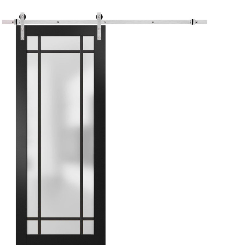 Porte de grange robuste en verre trempé dépoli Planum 2112 Noir mat, rail argenté de 2 m (6,6 pi), quincaillerie robuste, portes intérieures modernes à panneaux pleins - 45,7 cm x 203,2 cm (18 po x 80 po) - Rail argenté