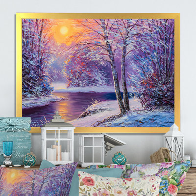 Coucher de soleil sur une rivière d'hiver - reproduction encadrée sur toile