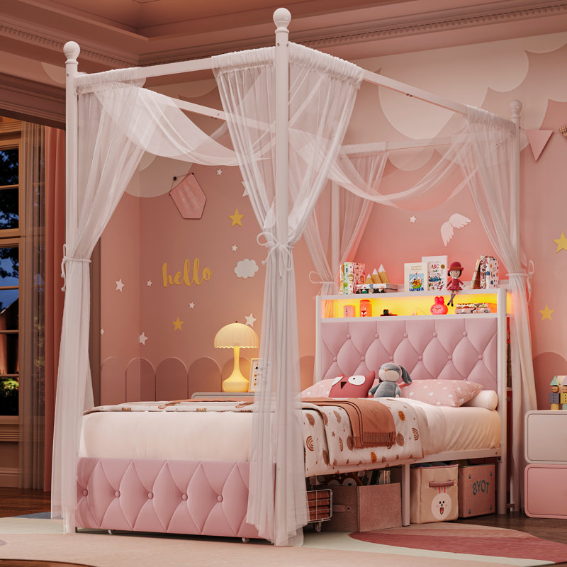 ⭐️ Magical Princess Bed for Kids | Twin Size with LED Lights & USB Charging | Pink, Pink, Twin