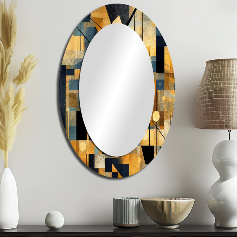 Gold Cubist Visions II - Abstract Oval Decorative Mirror On Metal, 36" x 24"