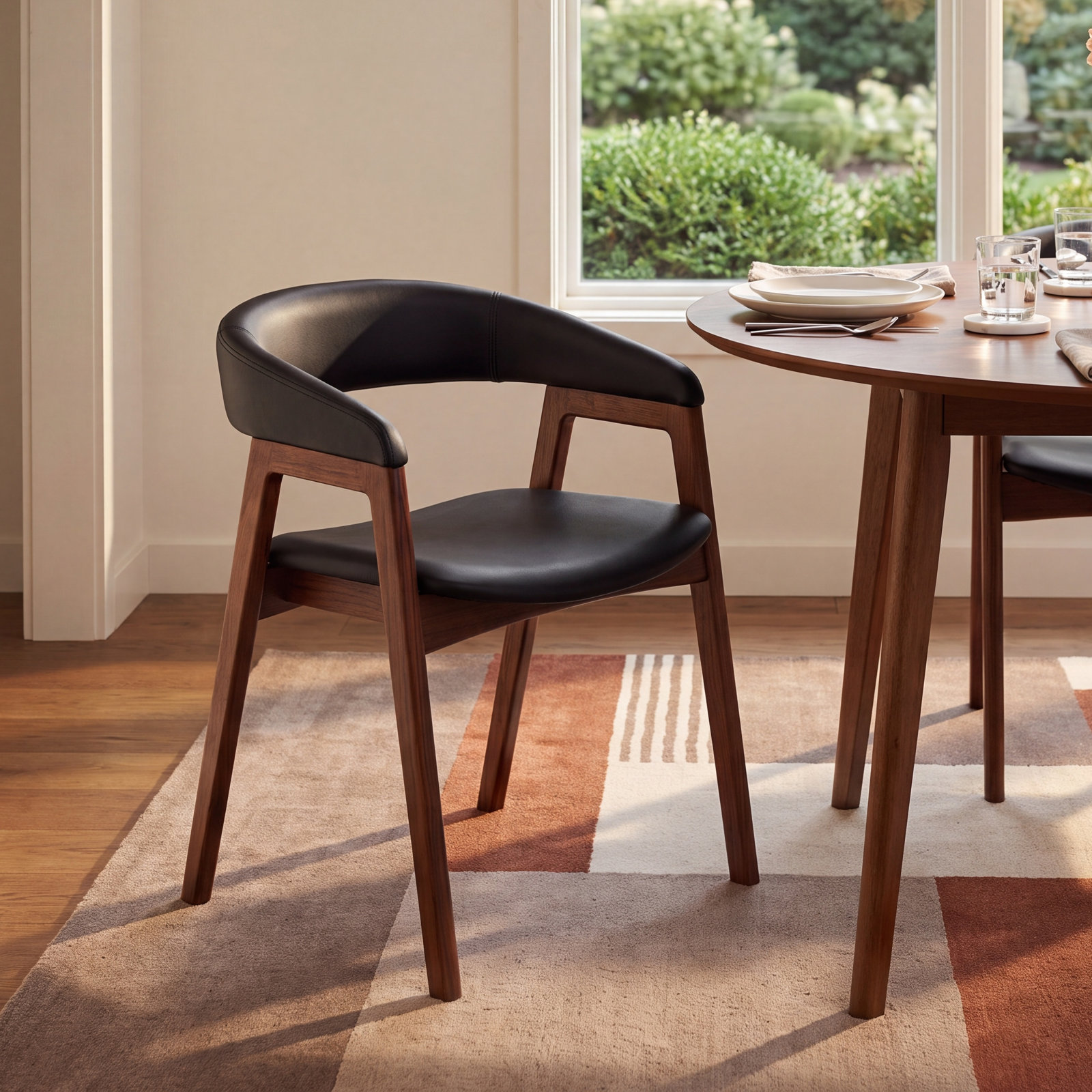 Mads Genuine Leather Oak Dining Armchair, Black, Walnut