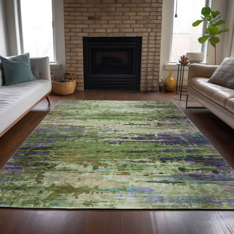 Machine Washable Indoor/Outdoor Xhevrie Green Rug, Rectangle 5' x 7'6"