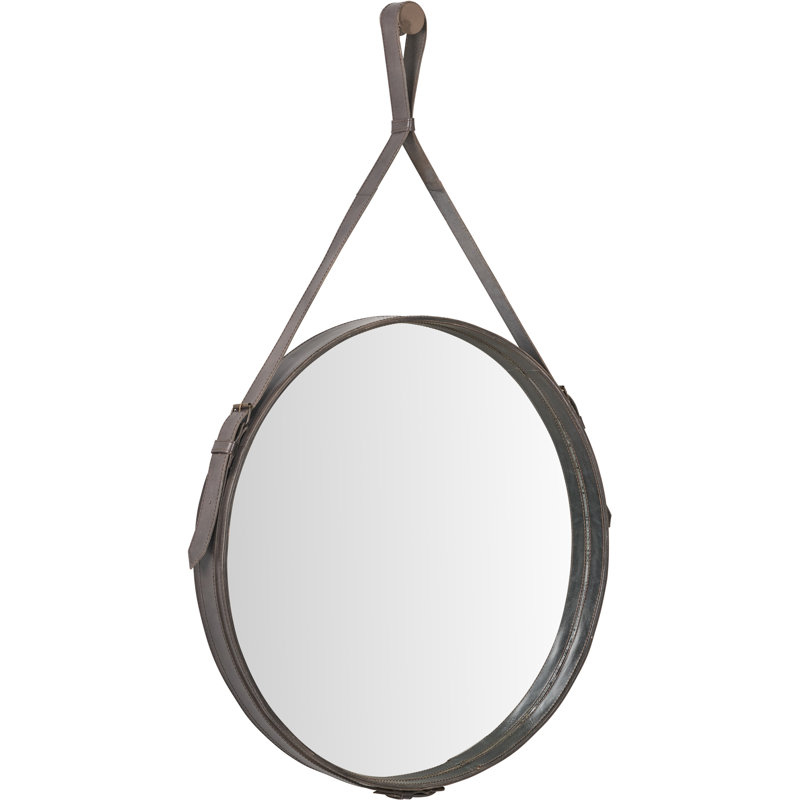 Leather Round Wall Mirror, Brown/Green/Grey
