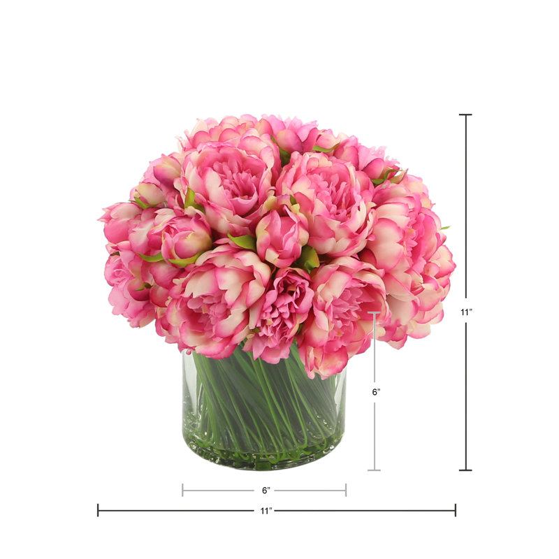 Peony Arrangement in Glass Vase with Grass, Pink Fuchsia