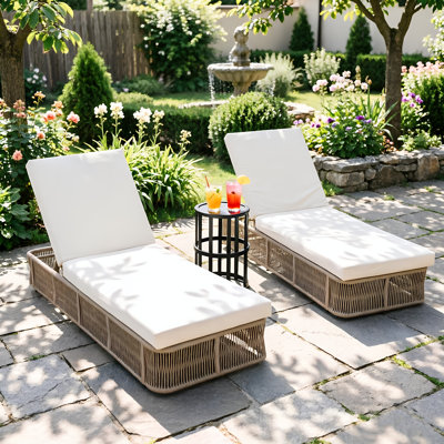 Grasso Patio 3-Piece Weave Rope Chaise Lounge & Side Table Set With Adjustable Backrest & Cushions